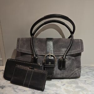 Coach Gray Suede and Black Leather Handbag with Checkbook And Cosmetic Pouch